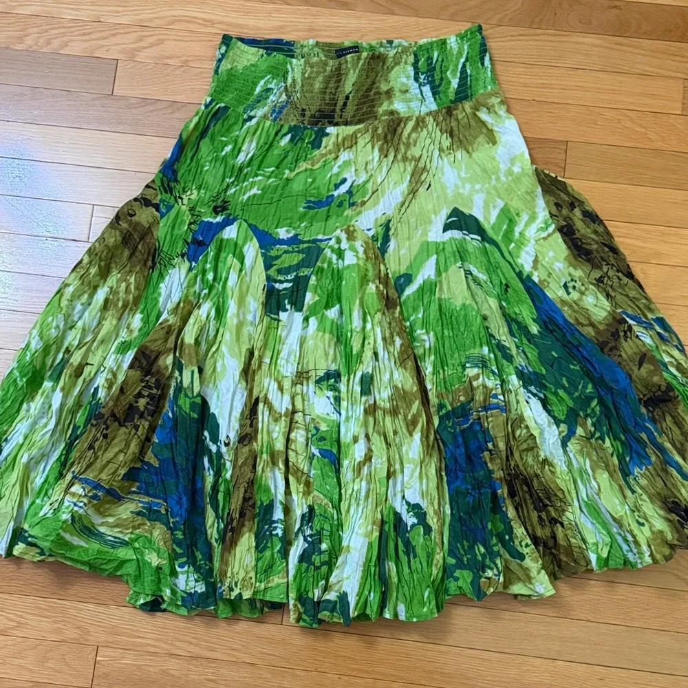 Grace Elements Green Abstract Print Skirt XL Flowy Pleated Boho Midi Skirt